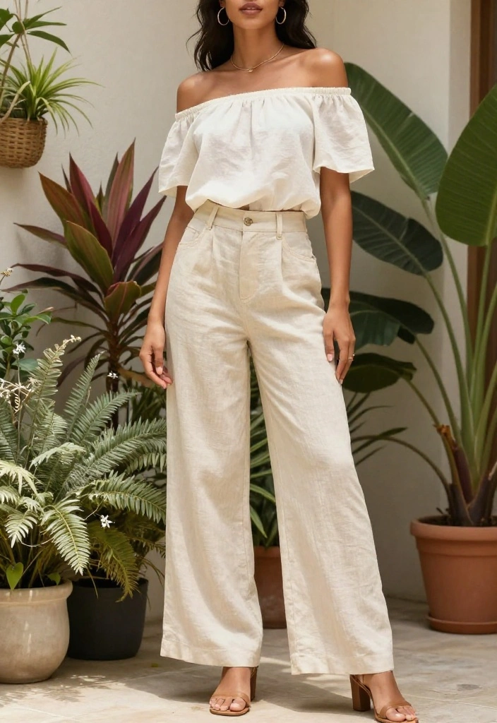 14 Linen Pants Outfit for Women That Transition Seamlessly - 13. Wide-Leg Linen Pants with Off-Shoulder Top 1