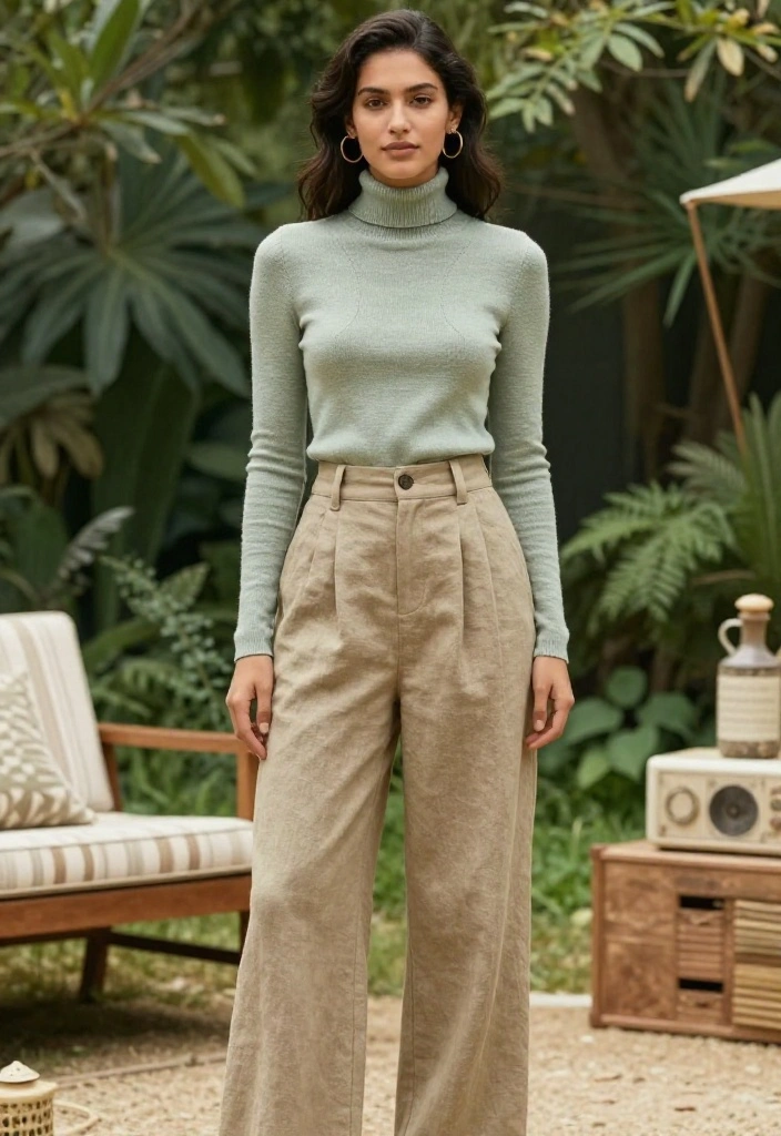 14 Linen Pants Outfit for Women That Transition Seamlessly - 14. Vintage-Look Linen Pants with Turtleneck 1