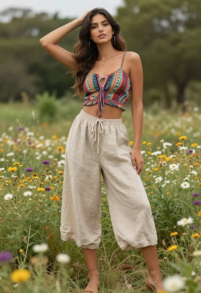 14 Linen Pants Outfit for Women That Transition Seamlessly - 2. Boho-Chic Linen Culottes with Crop Top 1