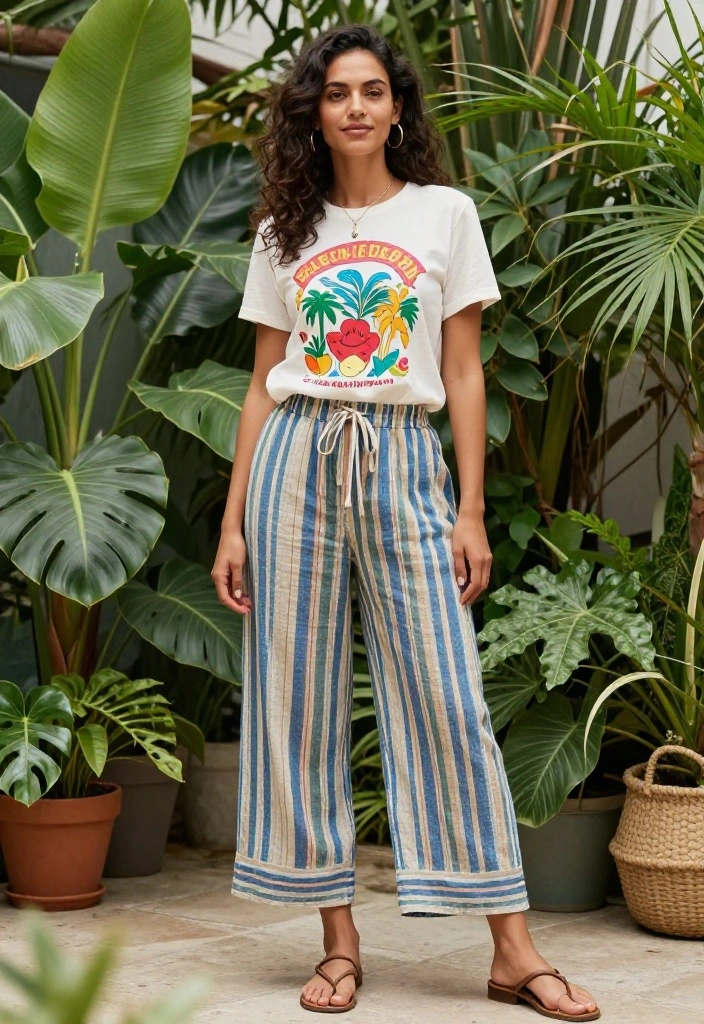 14 Linen Pants Outfit for Women That Transition Seamlessly - 6. Striped Linen Pants with Graphic Tee 1