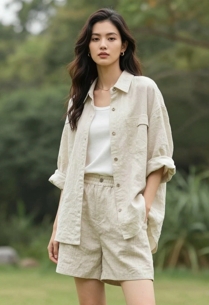 14 Linen Pants Outfit for Women That Transition Seamlessly - 9. Linen Shorts with Oversized Button-Up 1