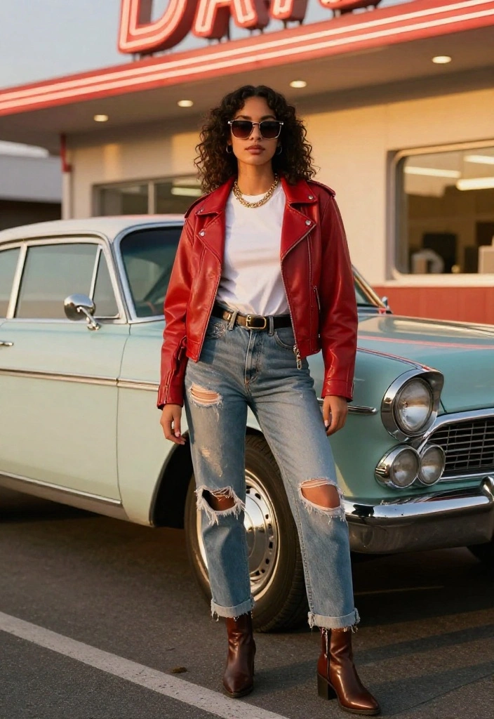 14 Red Leather Jacket Outfit Ideas for Women That Edge Up Any Look - 1. Classic Casual with Distressed Jeans 1