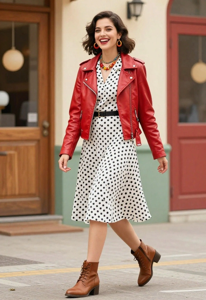 14 Red Leather Jacket Outfit Ideas for Women That Edge Up Any Look - 11. Playful with Polka Dots 1