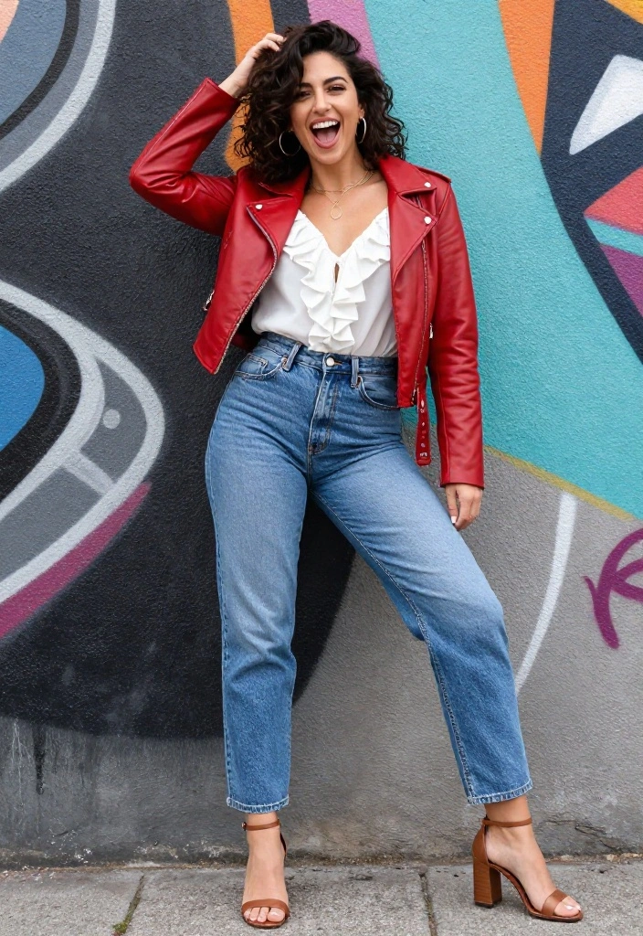 14 Red Leather Jacket Outfit Ideas for Women That Edge Up Any Look - 14. Fun and Flirty with Ruffles 1
