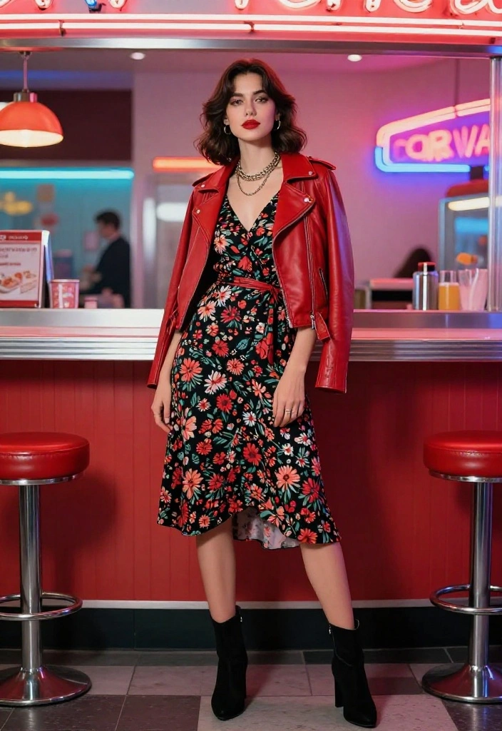 14 Red Leather Jacket Outfit Ideas for Women That Edge Up Any Look - 2. Chic Dress with a Twist 1
