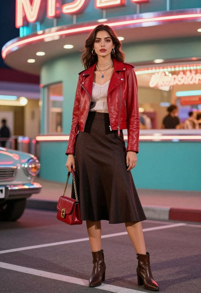 14 Red Leather Jacket Outfit Ideas for Women That Edge Up Any Look - 6. Feminine Touch with a Twist 1