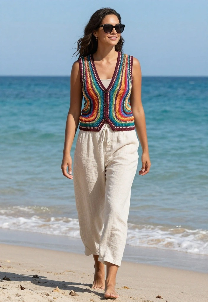 14 Sleeveless Vest Outfit Inspirations for Women That Layer - 8. Brighten Your Day with a Colorful Vest 1