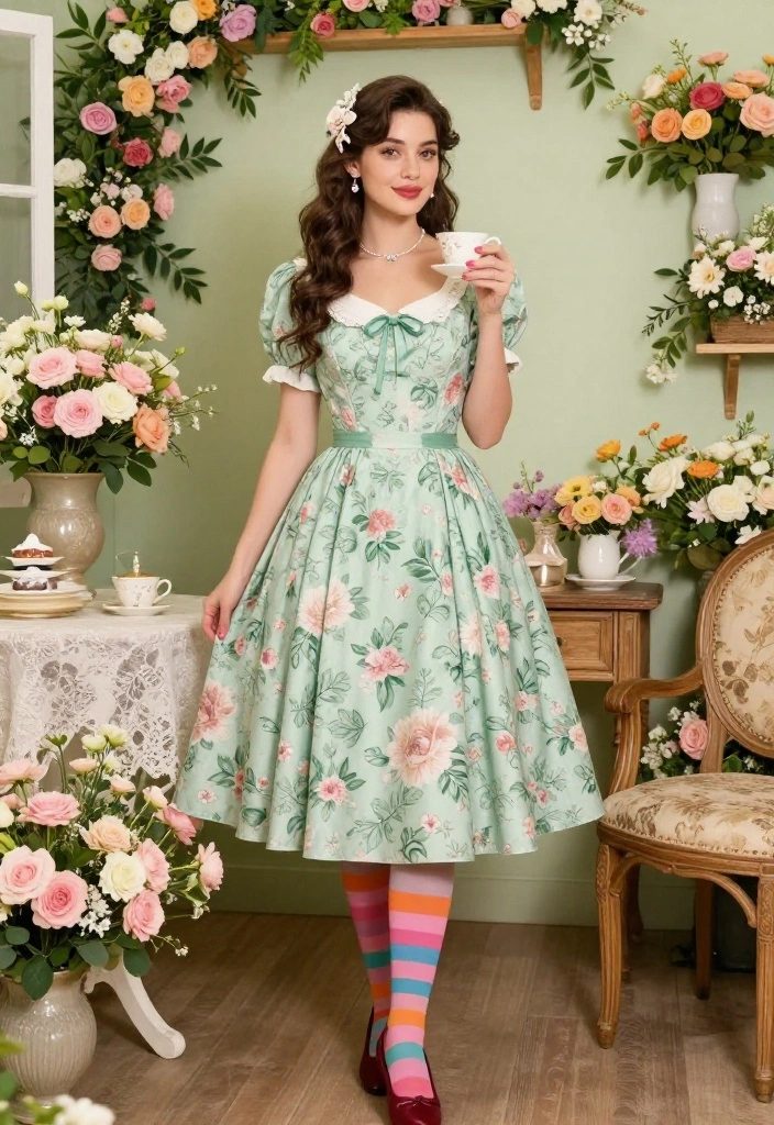14 Stockings Outfit Classy Ideas for Women for Date Night & Events - 2. Retro-Inspired Tea-Length Dress with Colorful Stockings 1