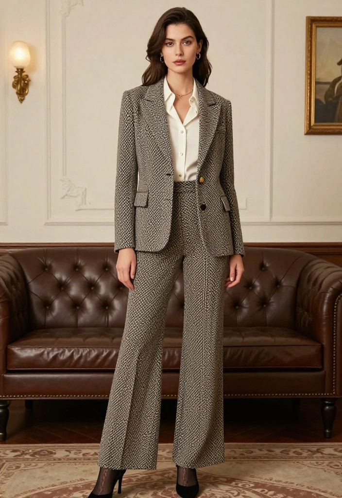 14 Stockings Outfit Classy Ideas for Women for Date Night & Events - 7. Vintage Blazer with Wide-Leg Pants and Patterned Stockings 1