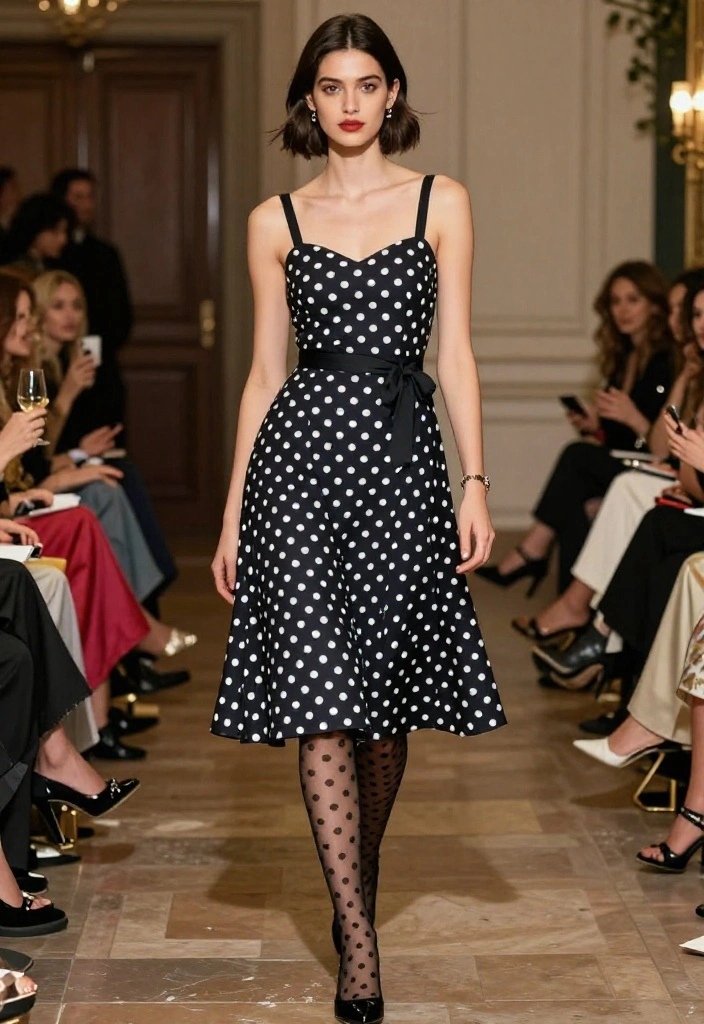 14 Stockings Outfit Classy Ideas for Women for Date Night & Events - 9. Structured Dress with Polka Dot Stockings 1