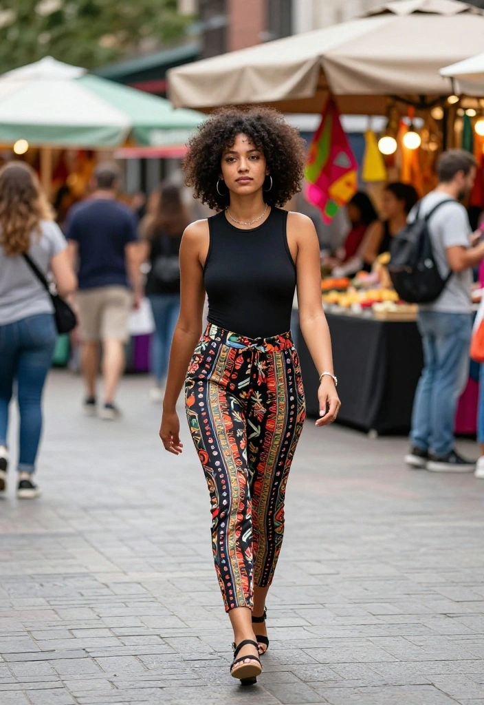 15 Black Bodysuit Outfit Ideas That Work Day to Night - 14. Creative Mixing with Printed Pants 1