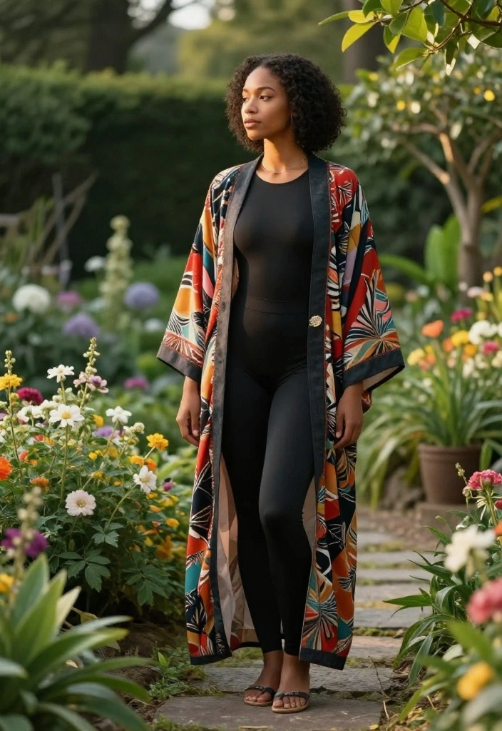 15 Black Bodysuit Outfit Ideas That Work Day to Night - 6. Luxe Layering with a Kimono 1