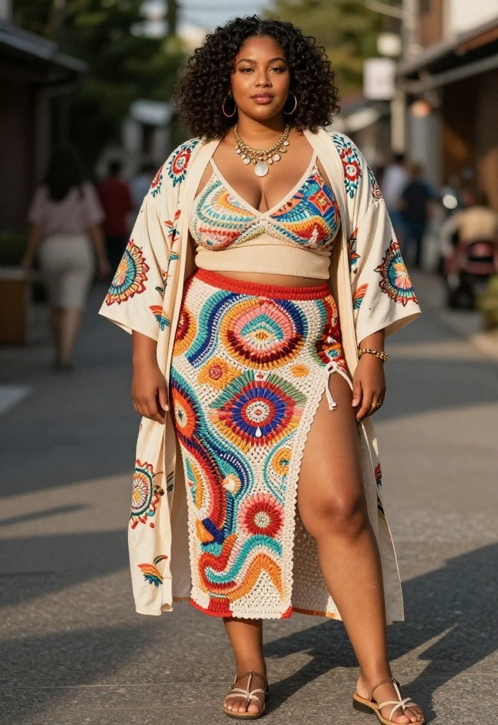 15 Crochet Skirt Outfits That Transition From Day to Night - 11. Crochet Skirt and Kimonos 1