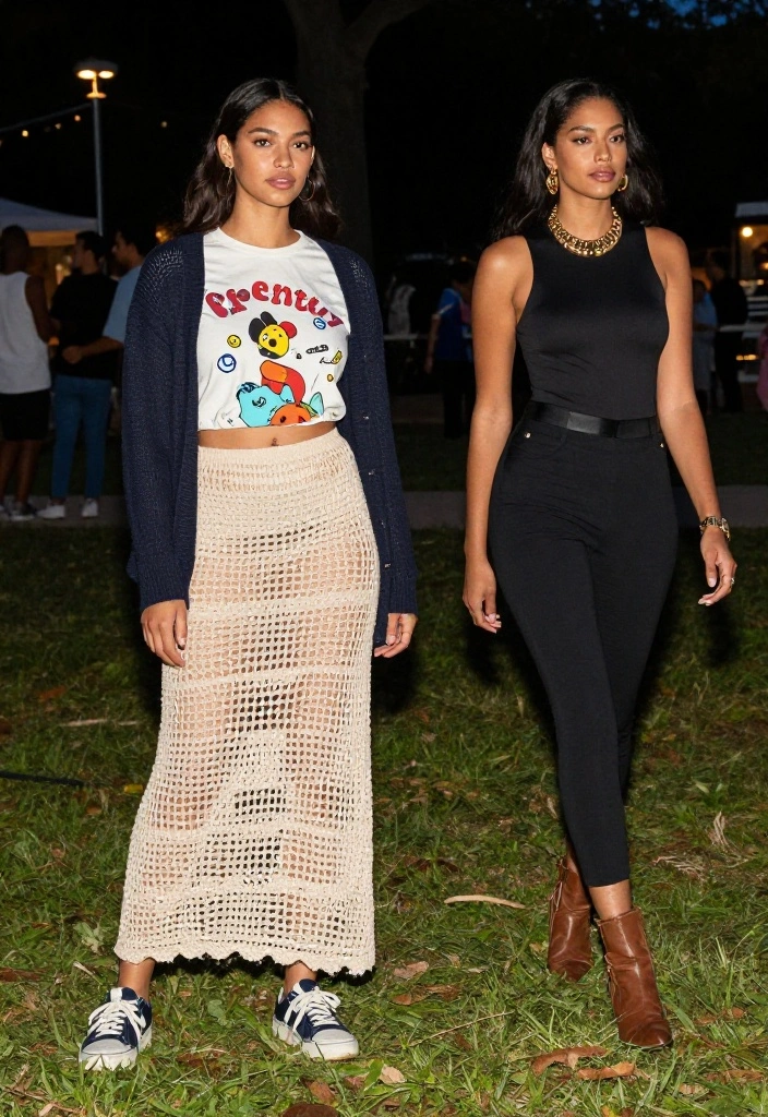 15 Crochet Skirt Outfits That Transition From Day to Night - 2. Maxi Crochet Skirt with a Graphic Tee 1