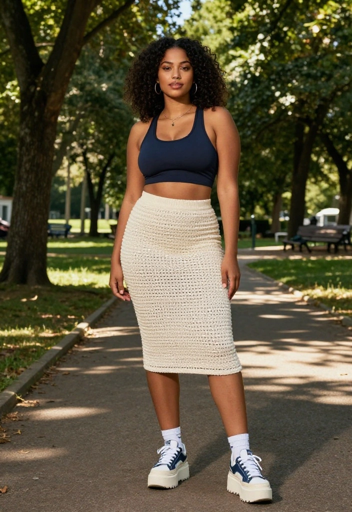 15 Crochet Skirt Outfits That Transition From Day to Night - 8. Sporty Crochet Skirt Look 1