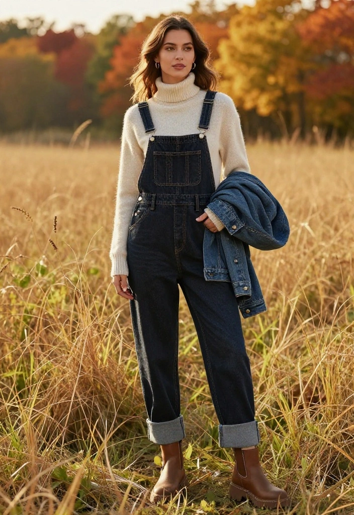 15 Fall Engagement Pictures Outfit Ideas That Look Timeless - 10. Chic Overalls with a Feminine Touch 1