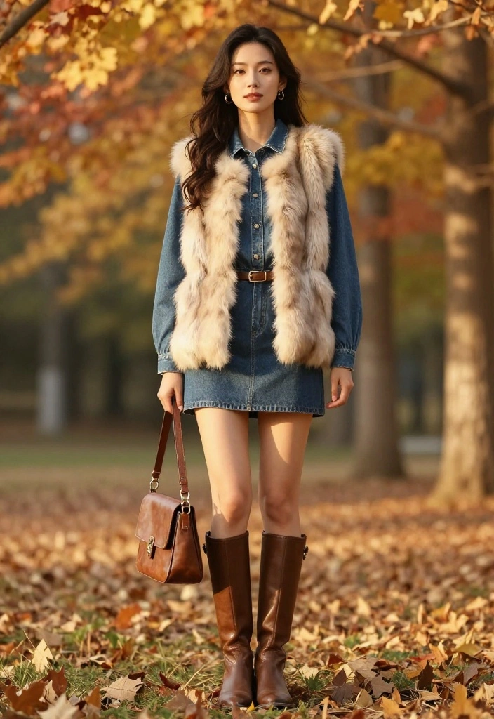 15 Fall Engagement Pictures Outfit Ideas That Look Timeless - 14. Soft Fur Vest and Denim Ensemble 1
