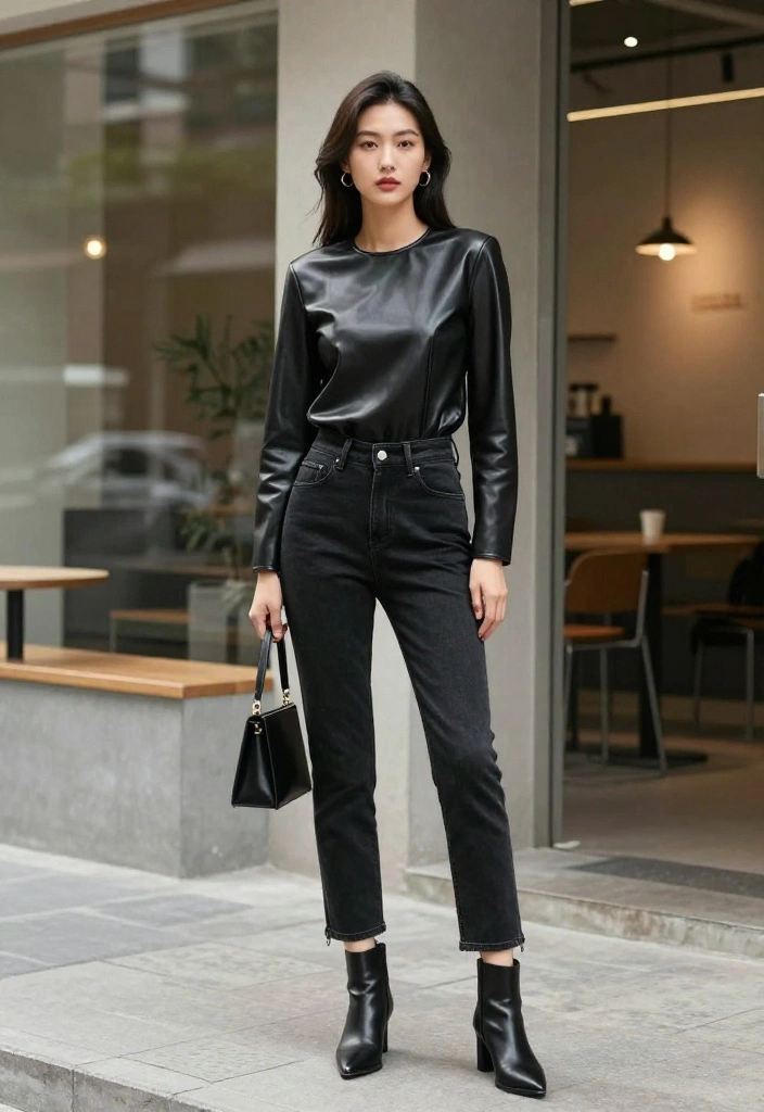15 Leather Top Outfit Ideas for Women That Look Edgy But Not Costume-Like - 1. Classic Black Leather Top with High-Waisted Jeans 1