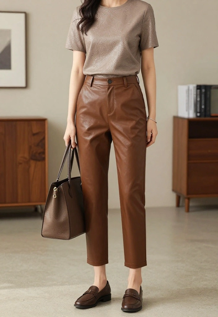 15 Leather Top Outfit Ideas for Women That Look Edgy But Not Costume-Like - 11. Textured Leather Top with Chinos 1