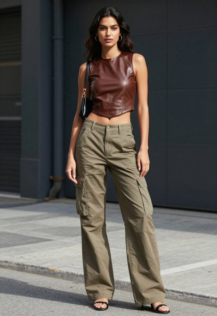 15 Leather Top Outfit Ideas for Women That Look Edgy But Not Costume-Like - 13. Eco-Friendly Leather Top with Cargo Pants 1