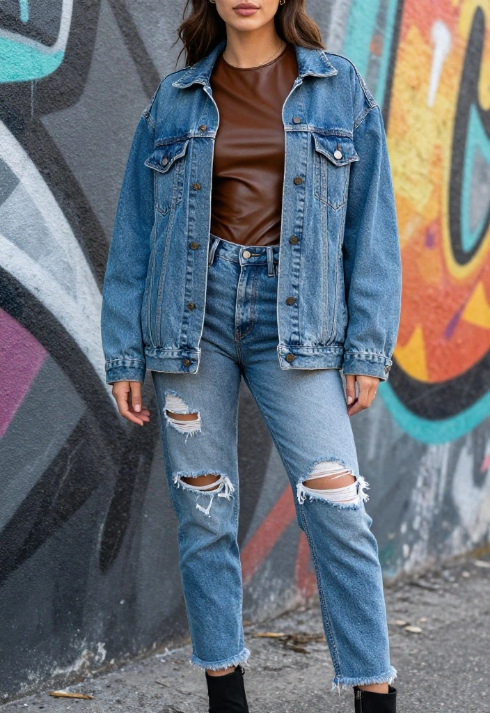 15 Leather Top Outfit Ideas for Women That Look Edgy But Not Costume-Like - 5. Layered Leather Top with a Denim Jacket 1