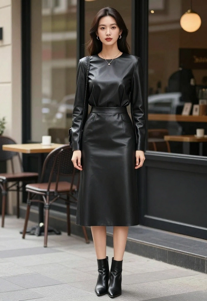 15 Leather Top Outfit Ideas for Women That Look Edgy But Not Costume-Like - 6. Long-Sleeve Leather Top with A-Line Skirt 1