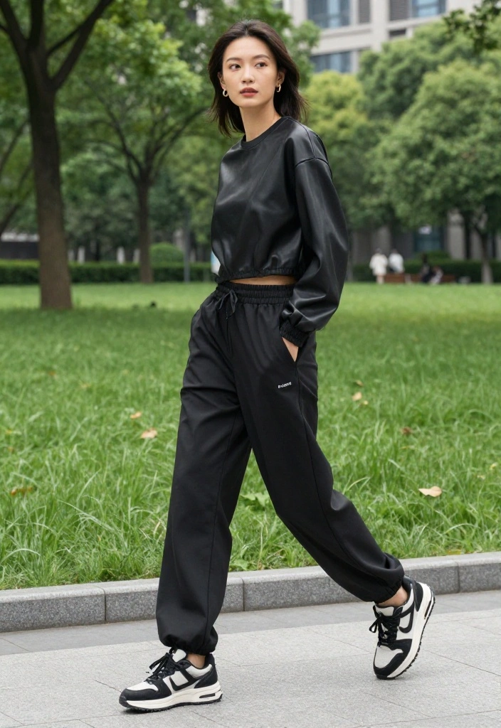 15 Leather Top Outfit Ideas for Women That Look Edgy But Not Costume-Like - 7. Sporty Leather Top with Track Pants 1