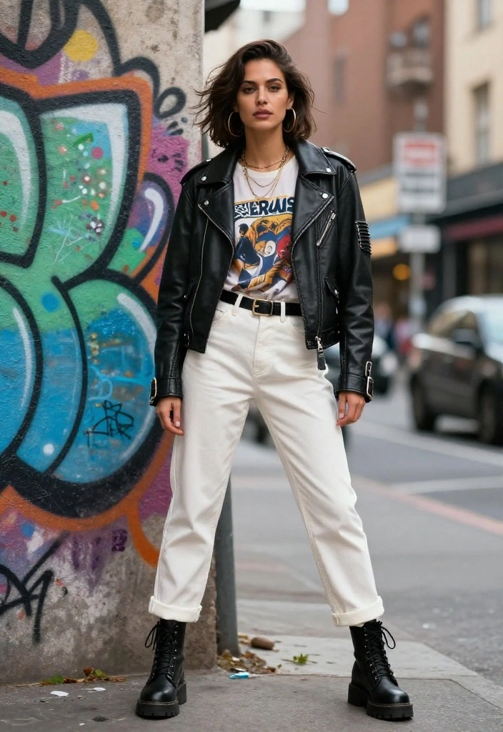 15 Off White Trousers Outfit Ideas for Women That Don't Show Stains - 9. Edgy Street Style 1