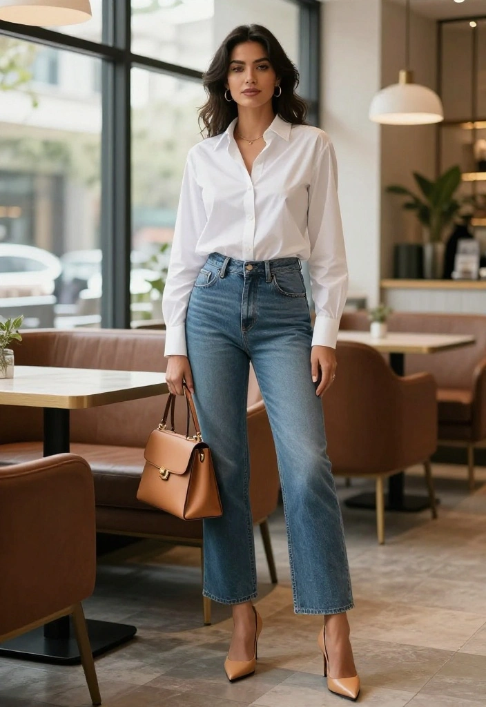 15 Palazzo Jeans Outfit Ideas for Women That Aren't Too Casual - 1. Classic White Button-Up with a Twist 1