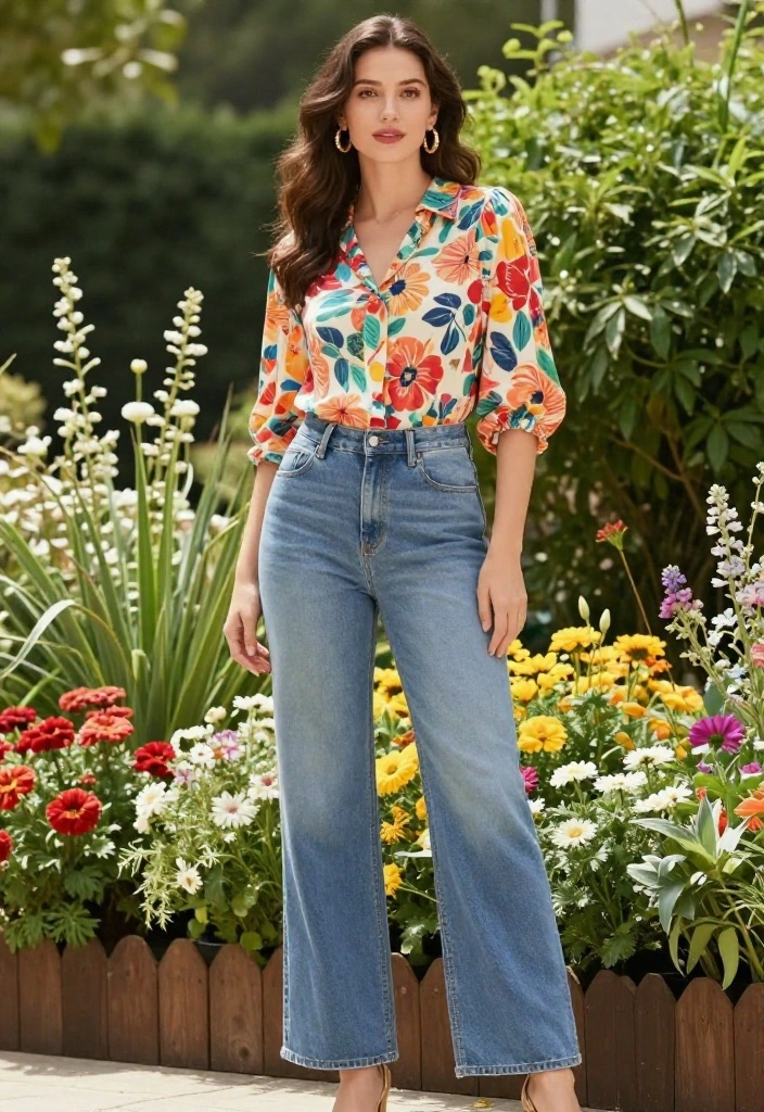 15 Palazzo Jeans Outfit Ideas for Women That Aren't Too Casual - 13. Colorful Floral Prints 1