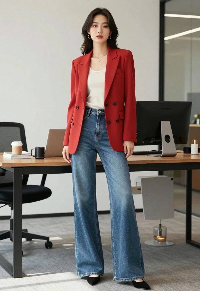 15 Palazzo Jeans Outfit Ideas for Women That Aren't Too Casual - 2. Tailored Blazer for Instant Elegance 1