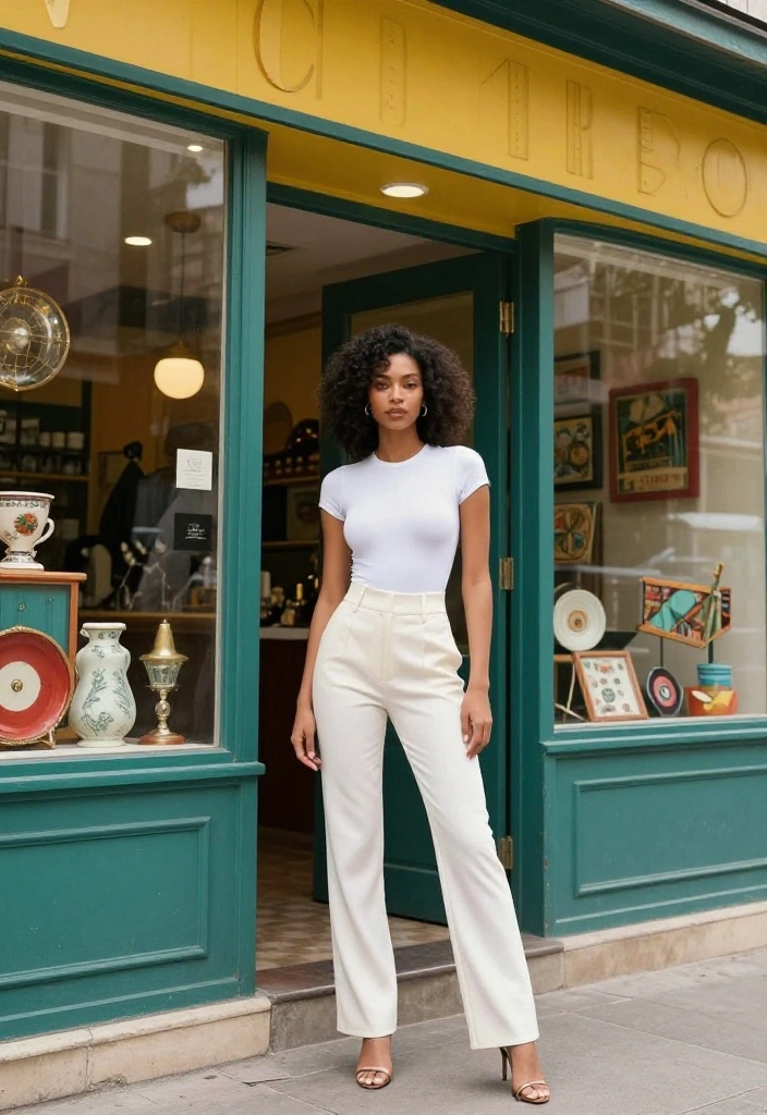 15 White Bodysuit Outfit Ideas for Women That Hide Sweat & Stains - 12. Vintage Twist with High-Waisted Trousers 1