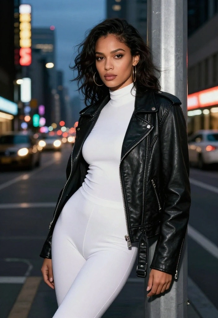 15 White Bodysuit Outfit Ideas for Women That Hide Sweat & Stains - 7. Edgy Fashion with a Leather Jacket 1