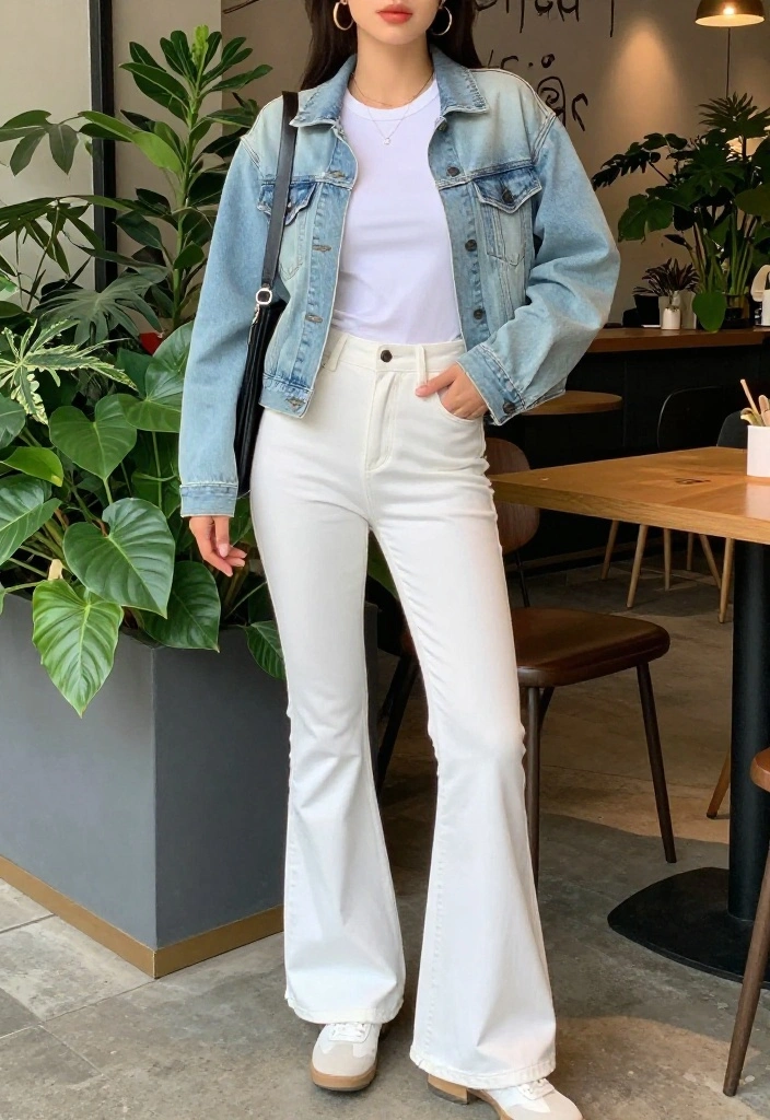 15 White Flare Pants Outfit Ideas for Women That Elongate Legs - 1. Classic White Tee and Denim Jacket 1