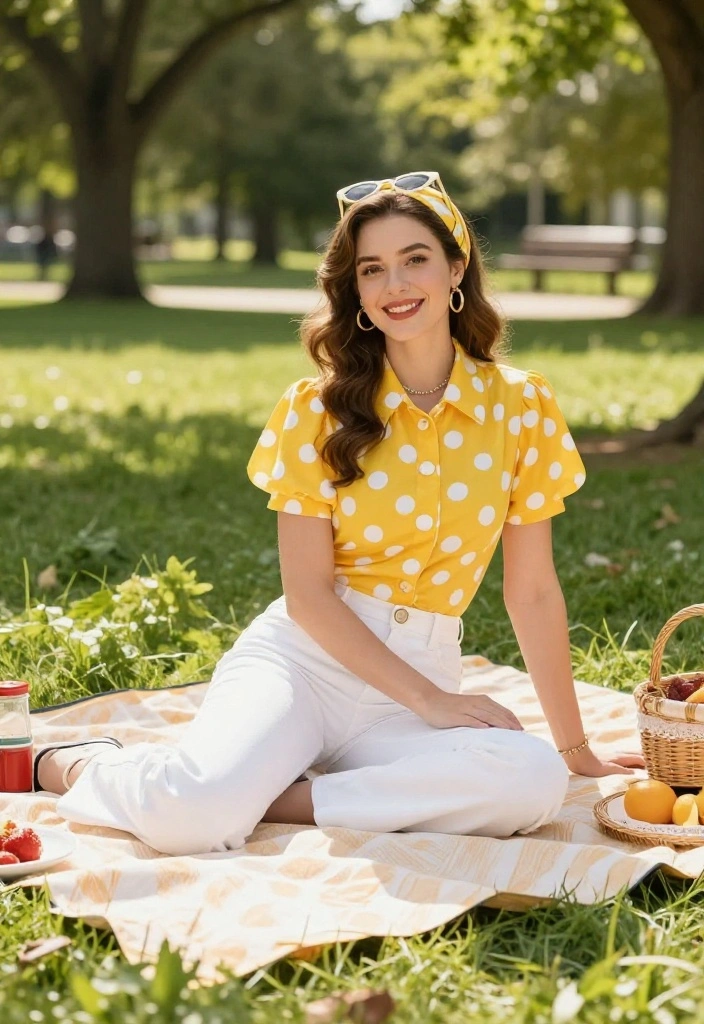 15 White Flare Pants Outfit Ideas for Women That Elongate Legs - 13. Vintage Charm with a Polka Dot Top 1