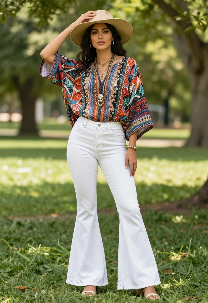 15 White Flare Pants Outfit Ideas for Women That Elongate Legs - 2. Bohemian Vibes with a Flowy Blouse 1