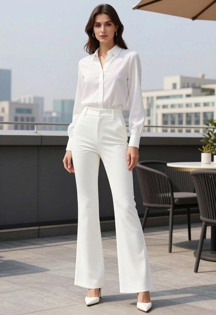 15 White Flare Pants Outfit Ideas for Women That Elongate Legs - 3. Sleek Monochrome Ensemble 1