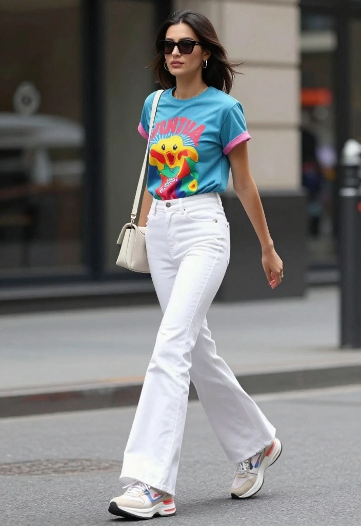 15 White Flare Pants Outfit Ideas for Women That Elongate Legs - 4. Sporty Chic with a Graphic Tee 1