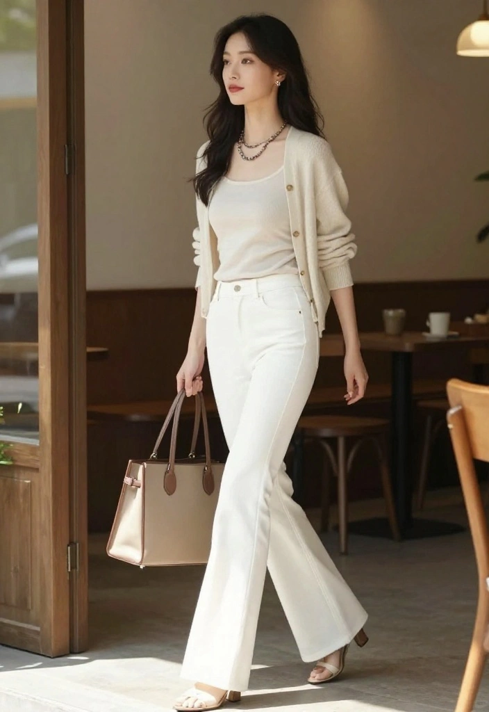 15 White Flare Pants Outfit Ideas for Women That Elongate Legs - 5. Layered Look with a Lightweight Cardigan 1