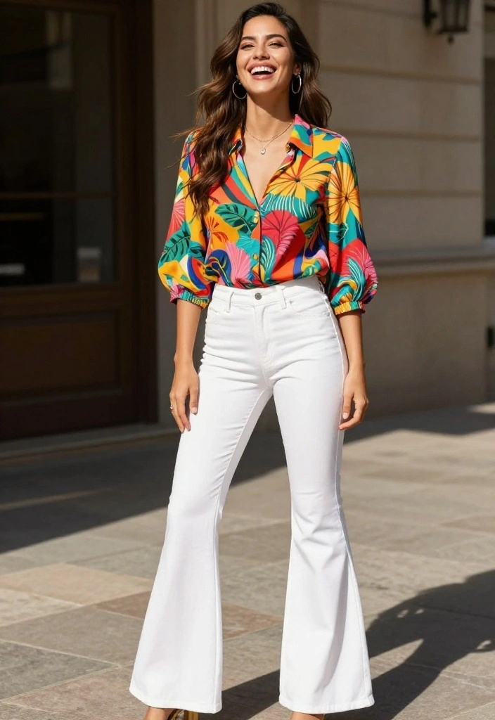 15 White Flare Pants Outfit Ideas for Women That Elongate Legs - 7. Playful Patterns with a Printed Top 1