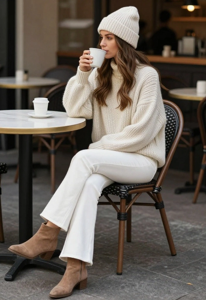 15 White Flare Pants Outfit Ideas for Women That Elongate Legs - 8. Cozy Chic with an Oversized Sweater 1