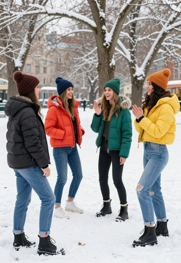15 Winter Wonderland Outfit Ideas for Women for Photos - 2. Sustainable Puffer Jackets with Denim 1