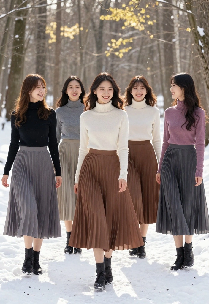 15 Winter Wonderland Outfit Ideas for Women for Photos - 4. Layered Turtlenecks with Midi Skirts 1