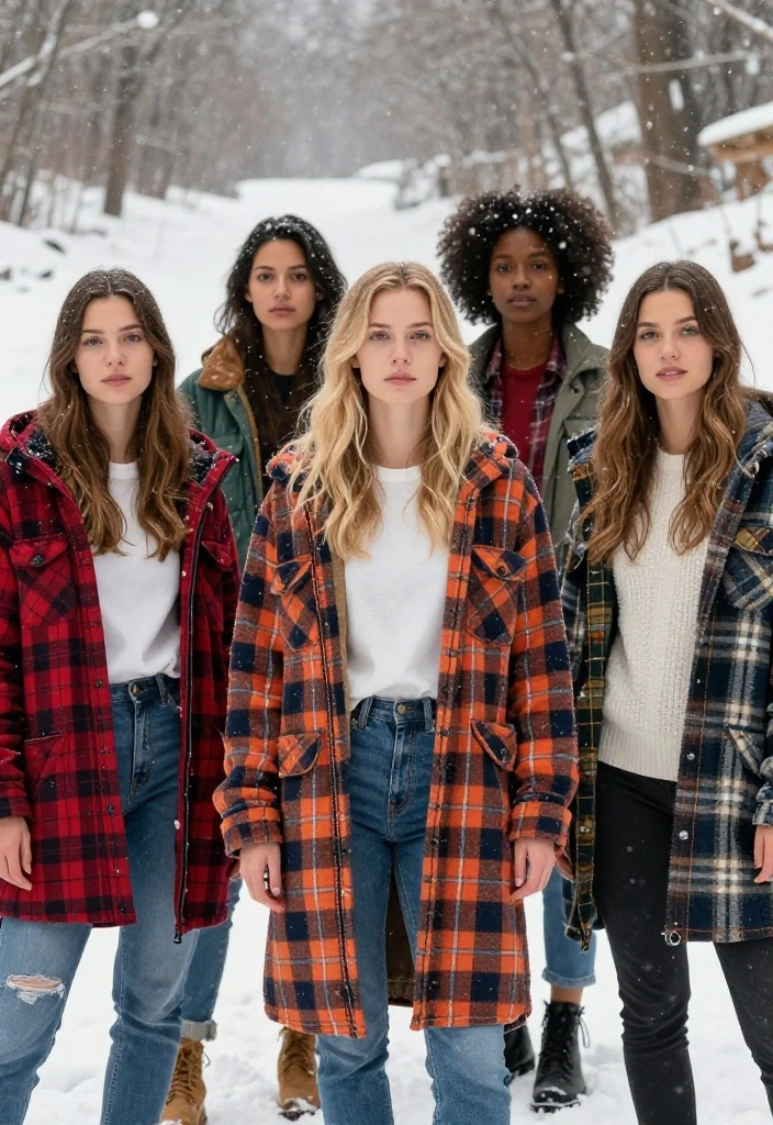 15 Winter Wonderland Outfit Ideas for Women for Photos - 7. Flannel Shirts Layered Under Parkas 1