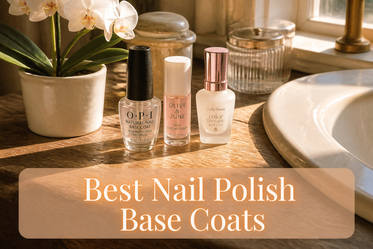 Various nail polish base coats arranged on a surface.