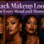 A model displaying various black makeup looks with diverse styles.