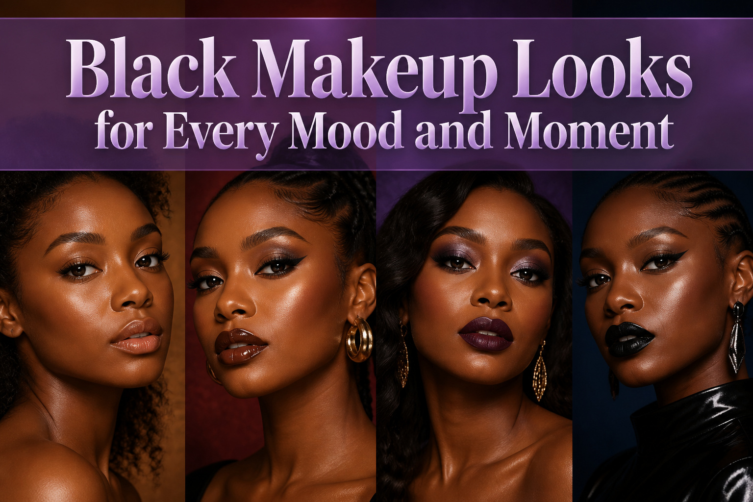 A model displaying various black makeup looks with diverse styles.