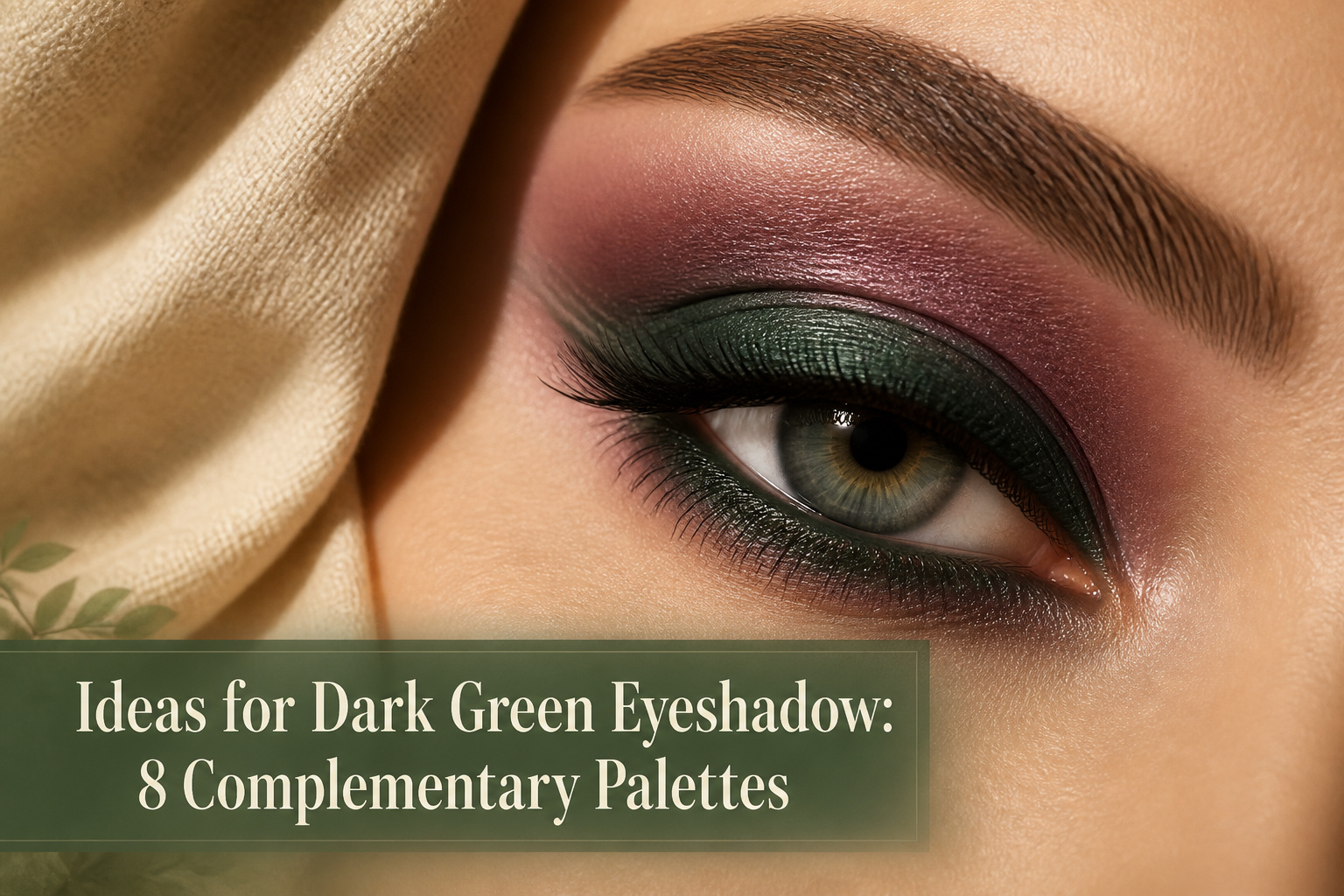 Model applying dark green eyeshadow at a makeup station.