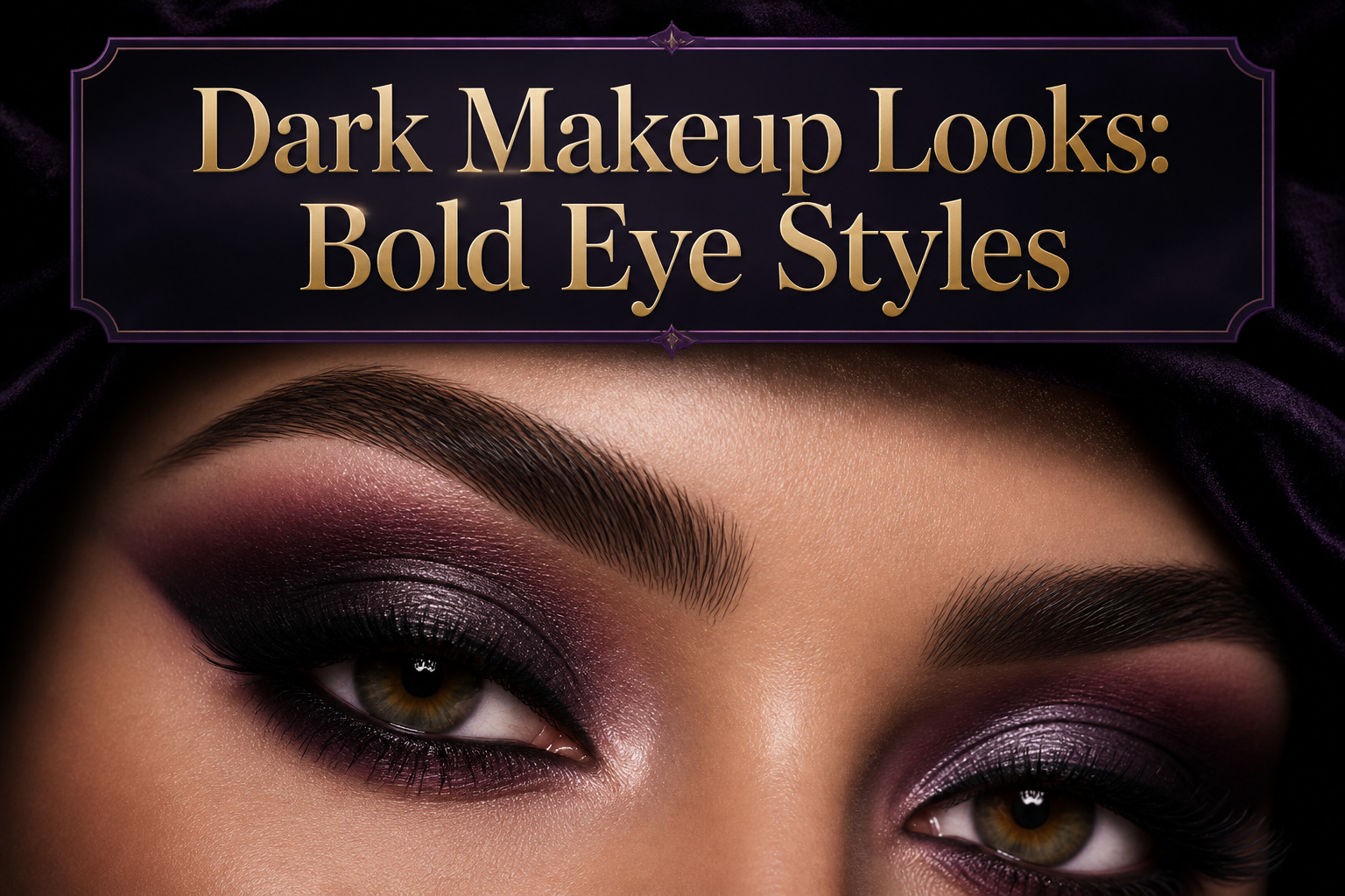 Model with bold dark makeup and striking eye details.