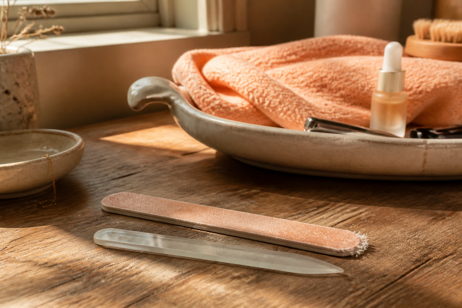 An emery board next to a nail file on a white background.